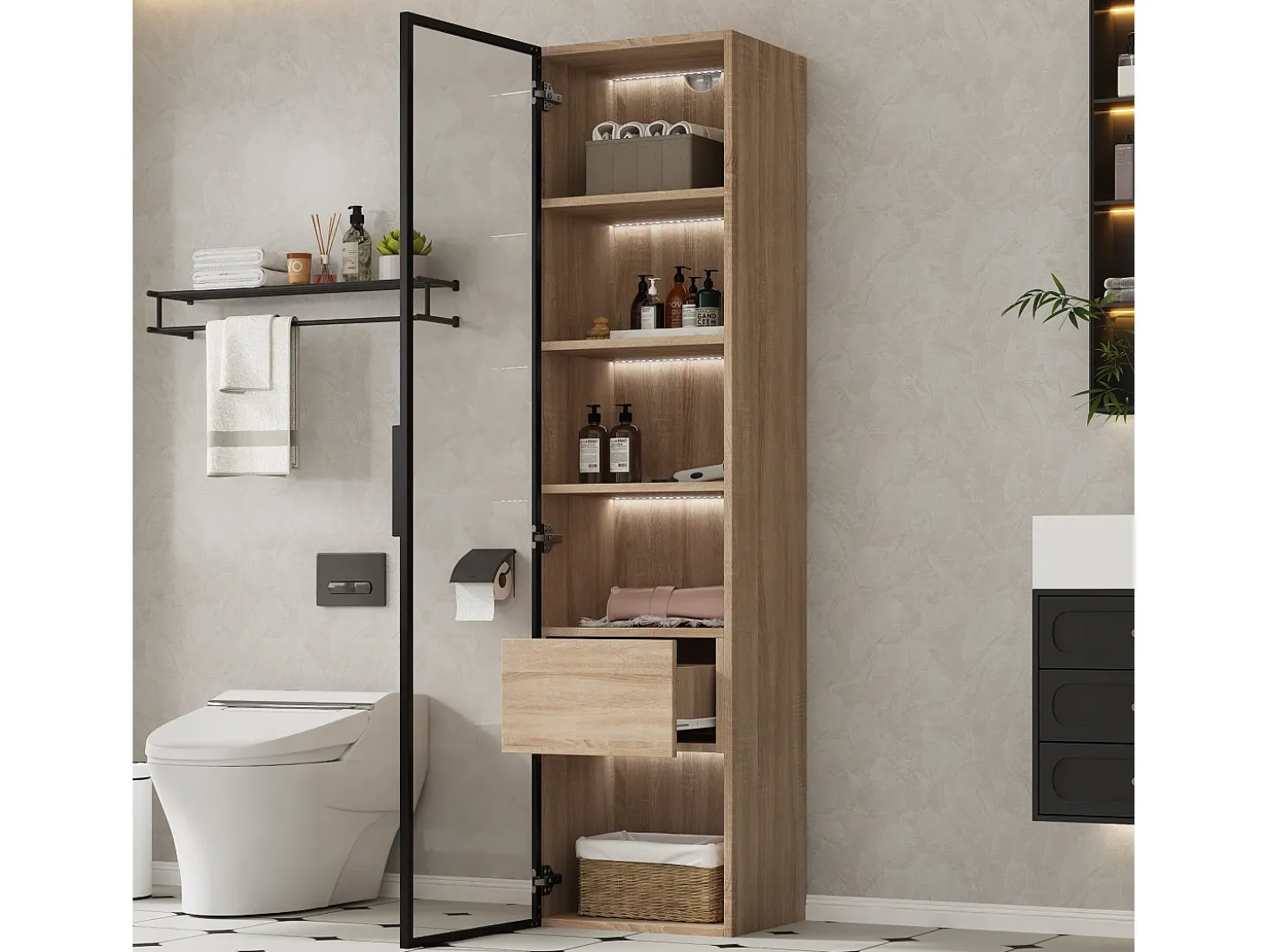 Vitrine, móvel de banheiro com LED - 1 porta de vidro - Natural