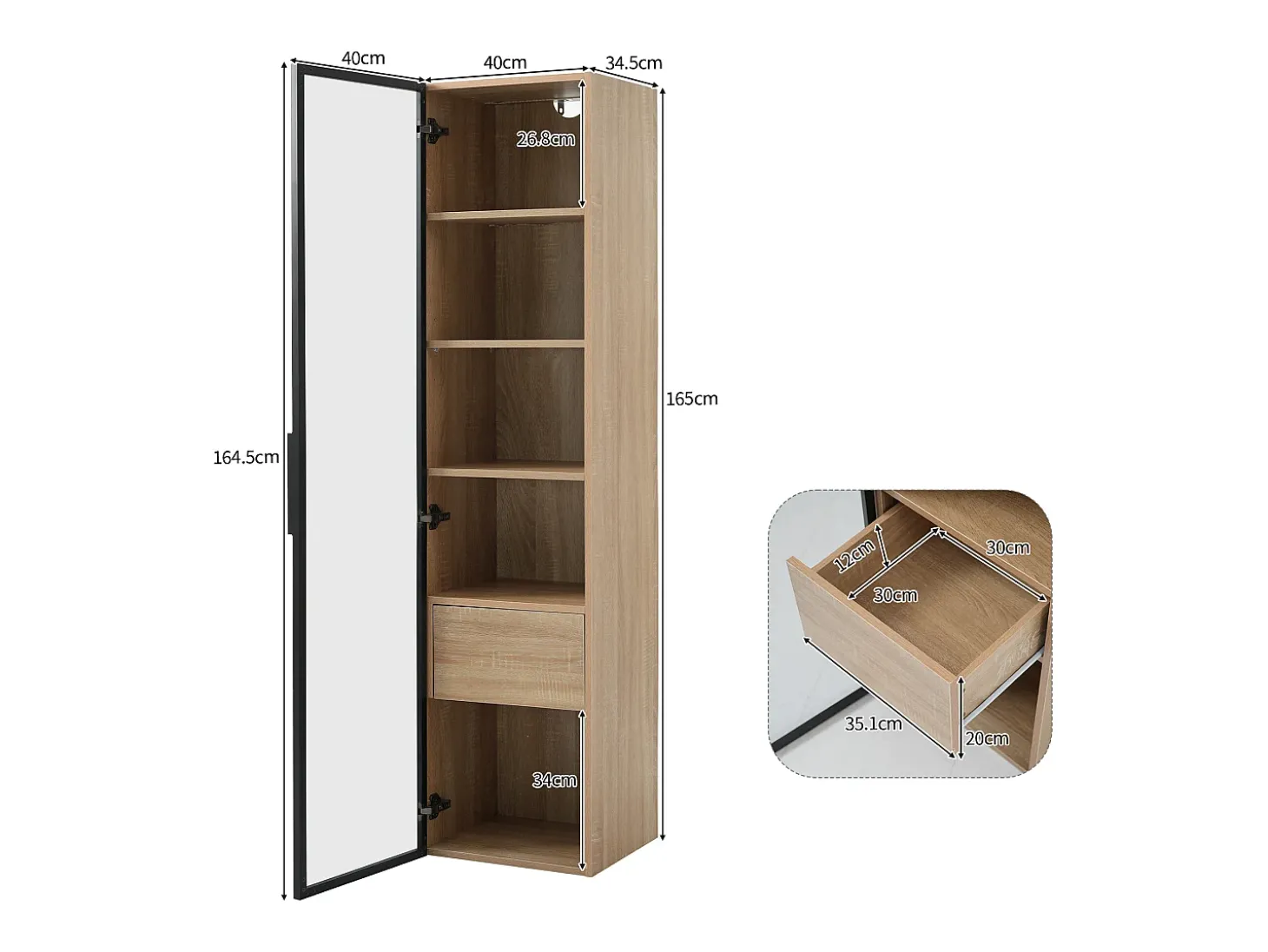 Vitrine, móvel de banheiro com LED - 1 porta de vidro - Natural