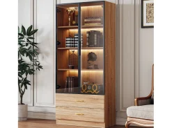 Vitrine, móvel de banheiro com LED - 2 gavetas e 2 portas de vidro - Natural