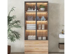 Vitrine, móvel de banheiro com LED - 2 gavetas e 2 portas de vidro - Natural