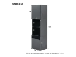 Vitrine preta brilhante com iluminação LED - Armário alto para sala de estar - Armário de armazenamento - 45x35x160 cm