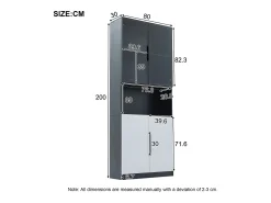 Vitrine 80x30x200 cm com LED - 4 portas (2 portas de vidro) - Branco e Preto
