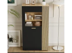 Vitrine 80x40x146cm - com iluminação LED - com 1 porta - Prateleiras ajustáveis - Painéis de partículas - Preto + natural