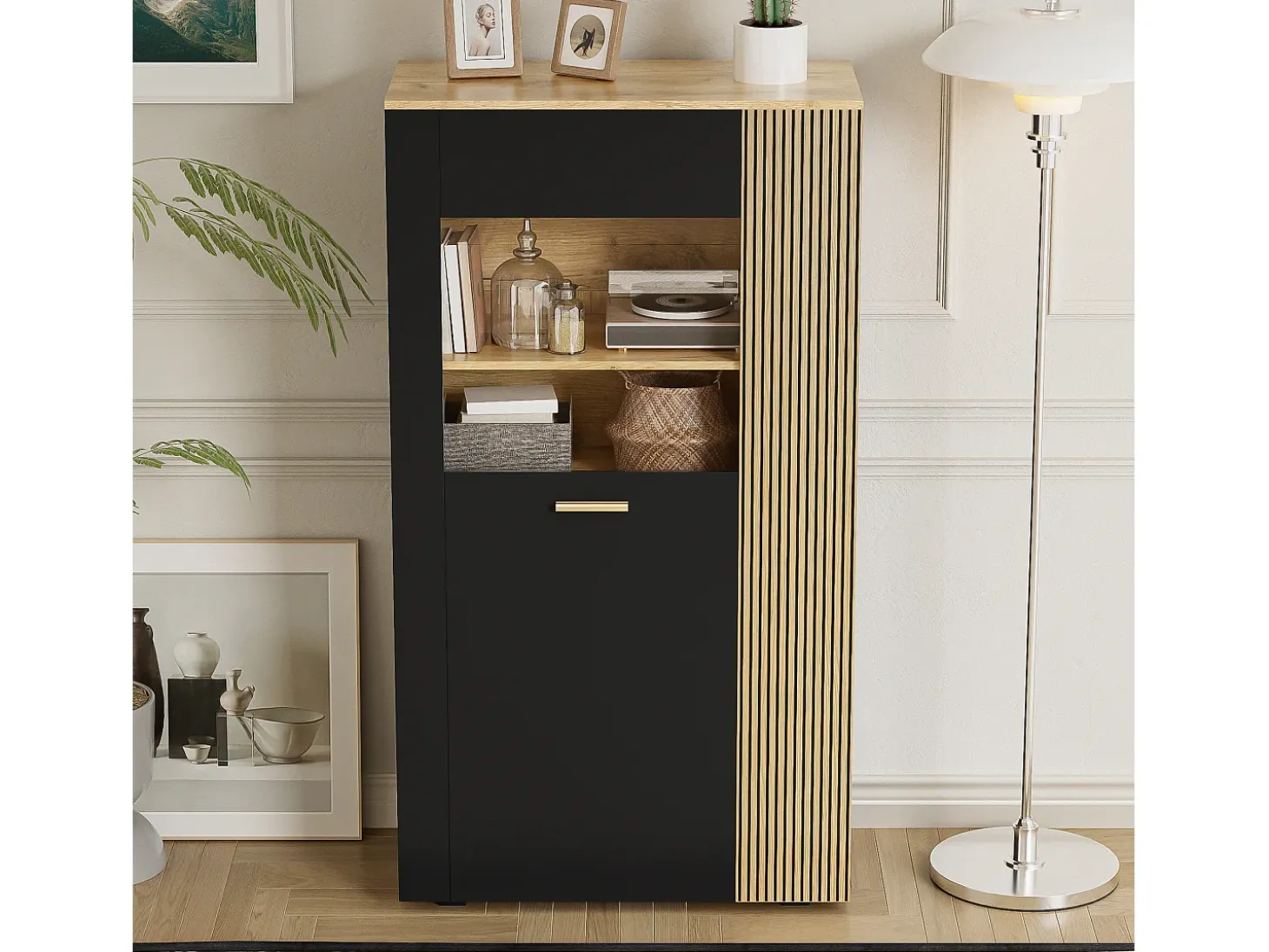 Vitrine 80x40x146cm - com iluminação LED - com 1 porta - Prateleiras ajustáveis - Painéis de partículas - Preto + natural