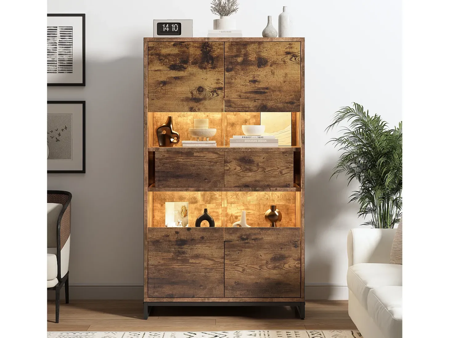 Vitrine 80x40x138cm - com iluminação LED - com 2 gavetas e 2 portas - com painel acrílico - marrom