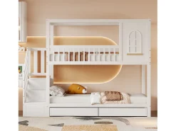 90x200 cm - Beliche infantil com escada de arrumação e 2 gavetas - branco