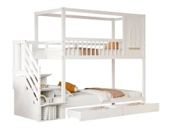 90x200 cm - Beliche infantil com escada de arrumação e 2 gavetas - branco
