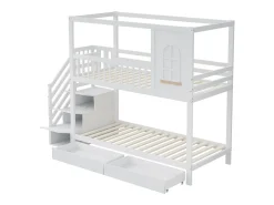 90x200 cm - Beliche infantil com escada de arrumação e 2 gavetas - branco