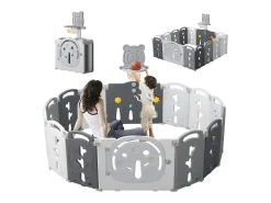 Yoleo Baby Park - 12+2 painéis modulares - com cesto de basquete - plástico ecológico - 153x153x60cm