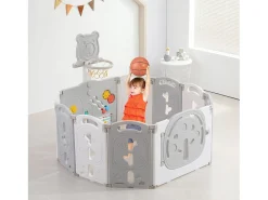 Yoleo Baby Park 8+2 painéis, portal de barreira de segurança portal com cesta de basquete, atividades de segurança do parque infantil, plástico, cinza