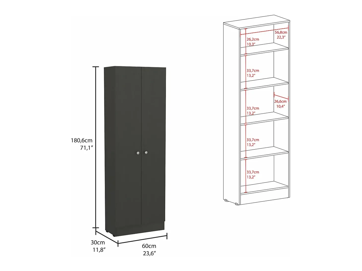 Z 60 Armário multifunções com duas portas e prateleiras interiores , 180.59 cm X 59.94 cm X 29.97 cm , Preto
