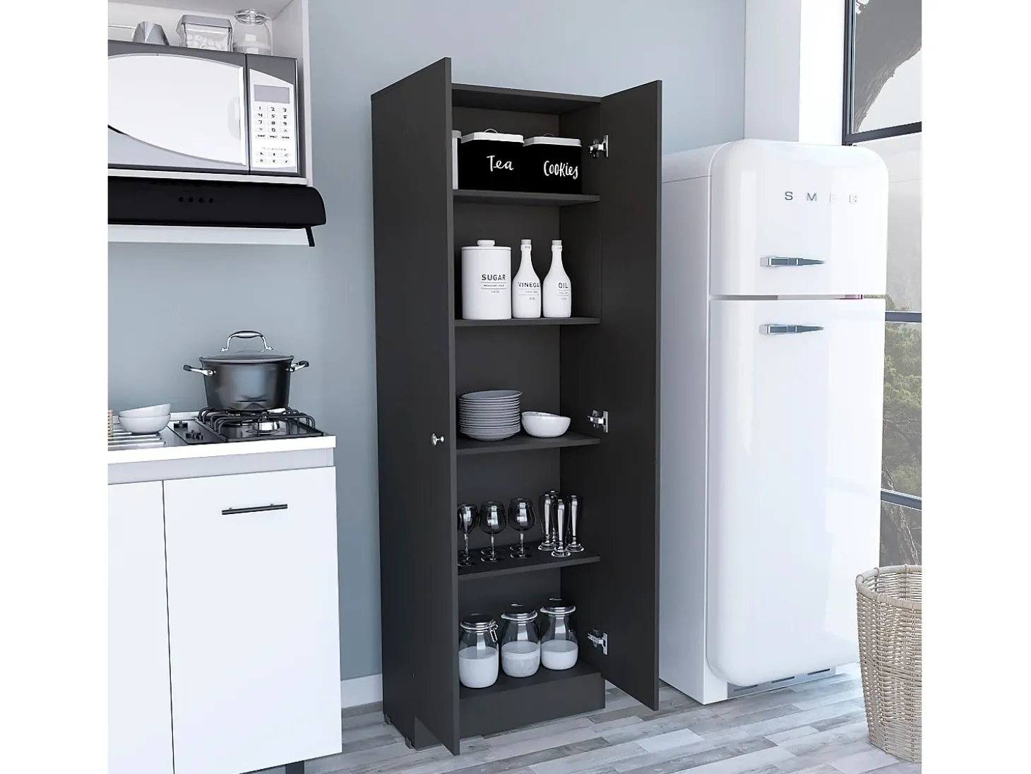 Z 60 Armário multifunções com duas portas e prateleiras interiores , 180.59 cm X 59.94 cm X 29.97 cm , Preto